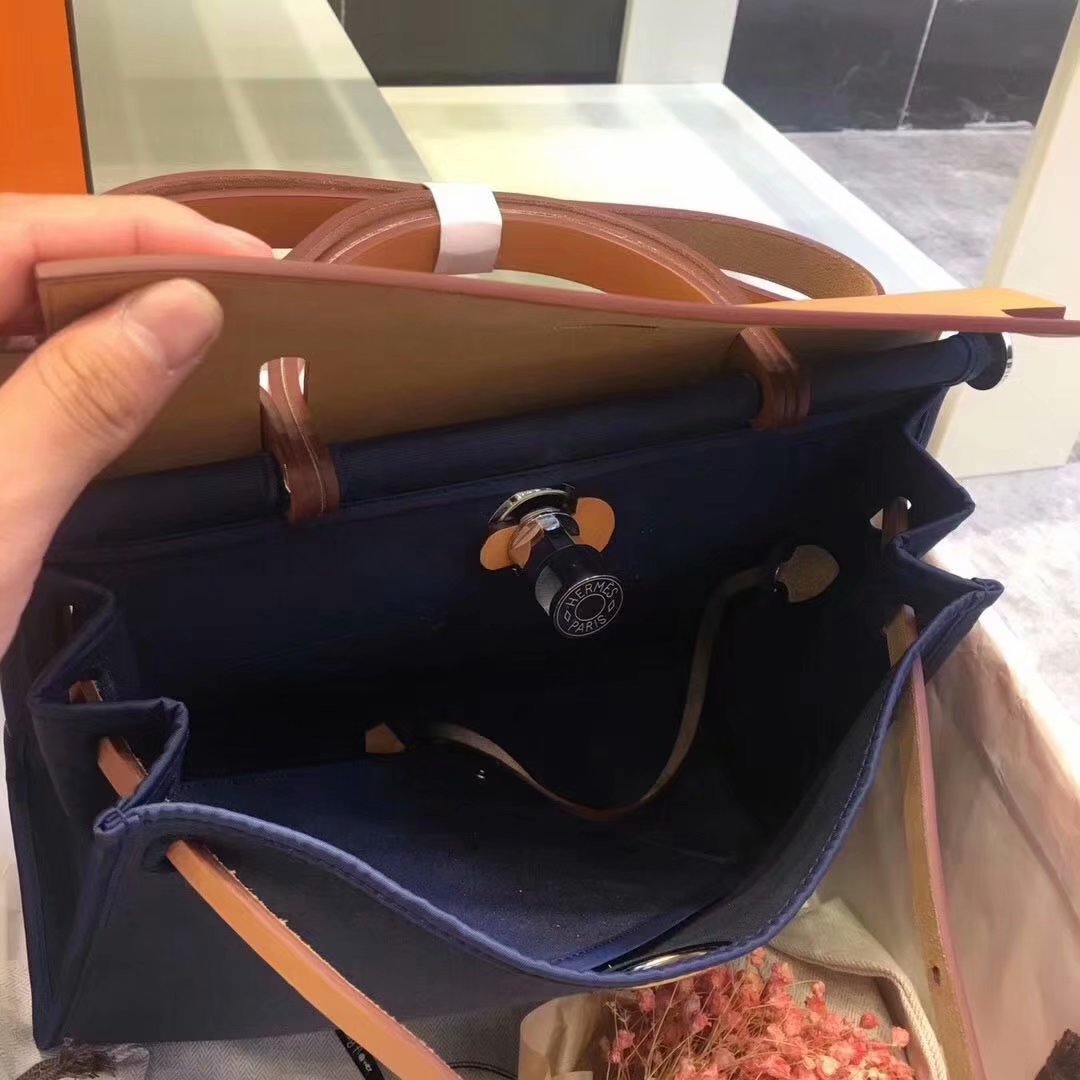 Top Replica Hermes Herbag 31cm Burgundy Canvas Bag Blue and Coffee