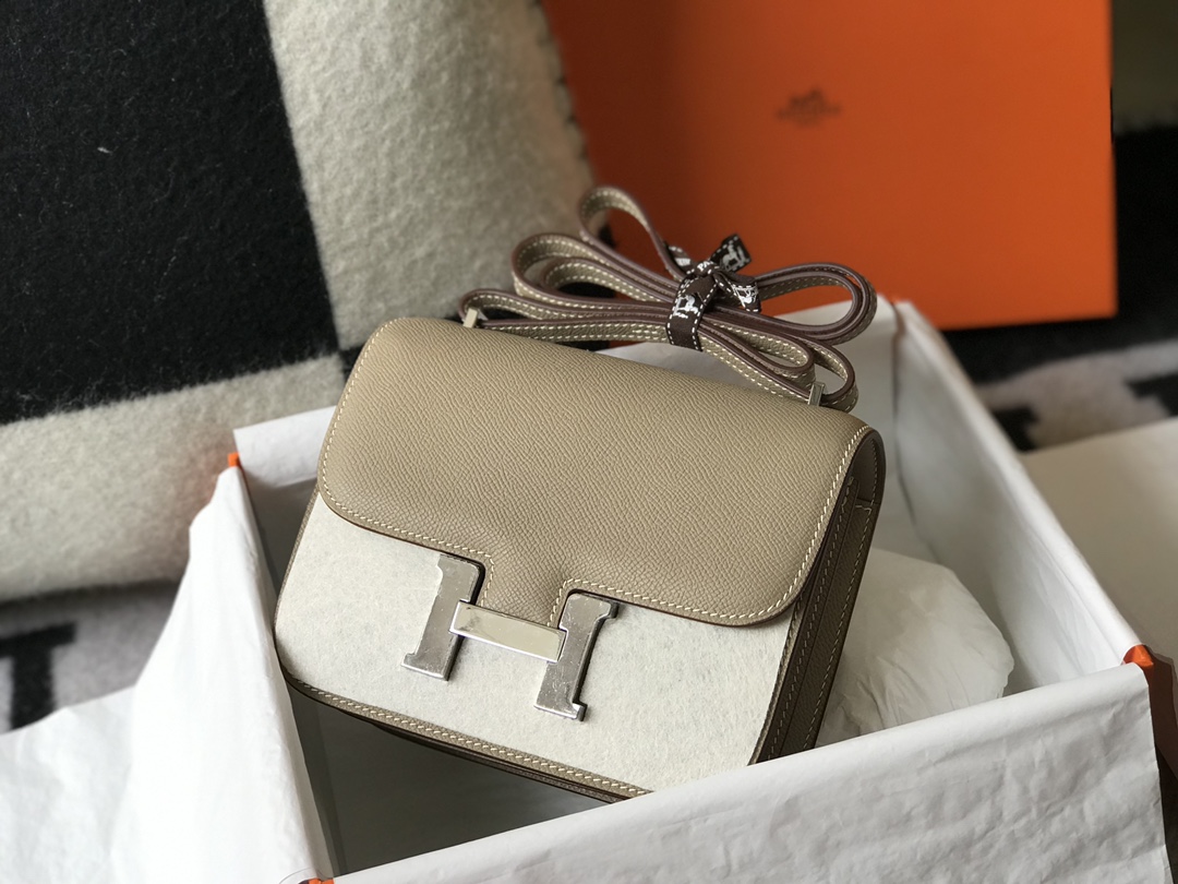 Replica Hermes Constance Bag Epsom Leather Light Gray Wiht White Gold 19cm and 23cm