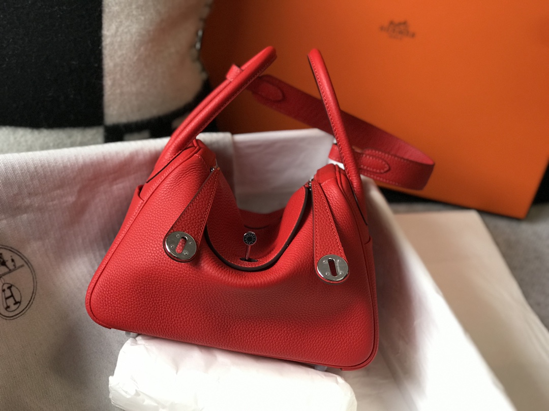 Original Copy Hermes Lindy Handbag Calfskin Red with Gold and Sliver Hardware