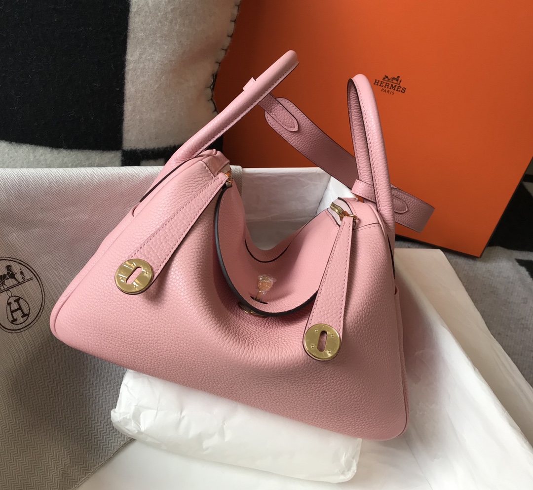 Original Copy Hermes Lindy Handbag Calfskin Pink with Gold and Sliver Hardware