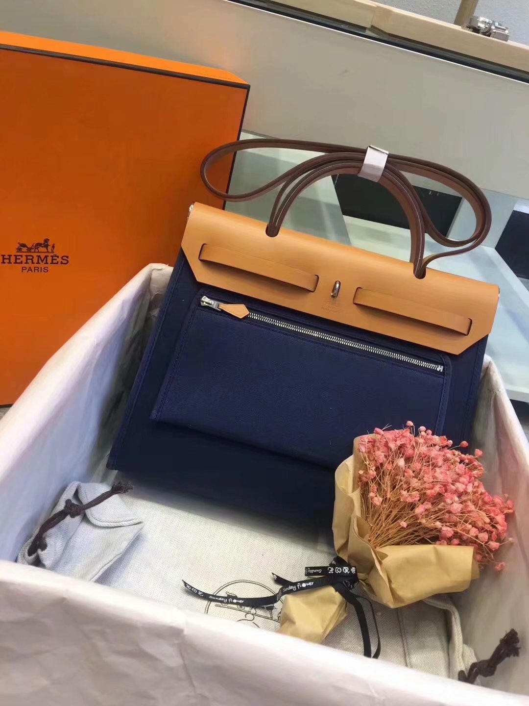 Top Replica Hermes Herbag 31cm Burgundy Canvas Bag Blue and Coffee