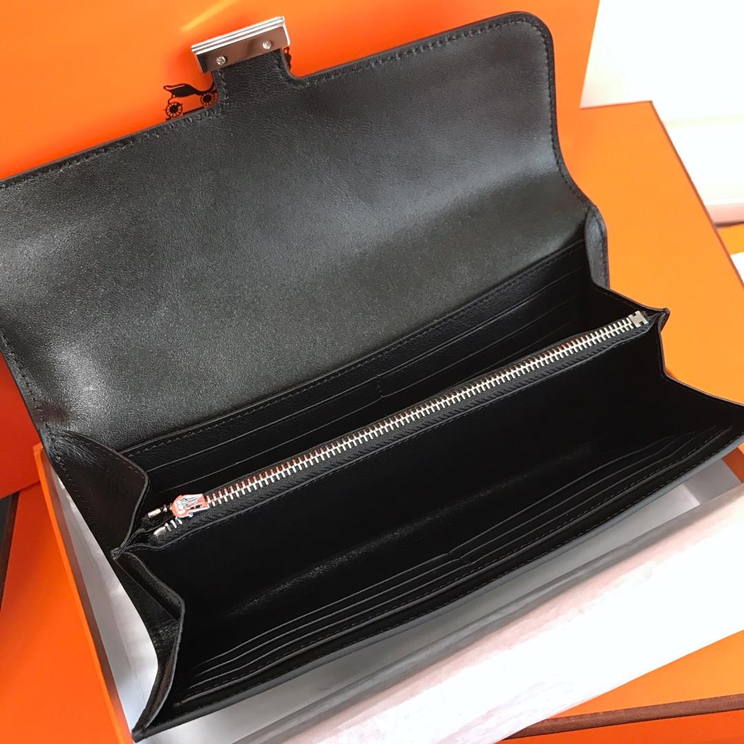 Top Replica HERMES Constance Long Wallet Gris Asphalt Epsom Black with Silver-Tone Metal