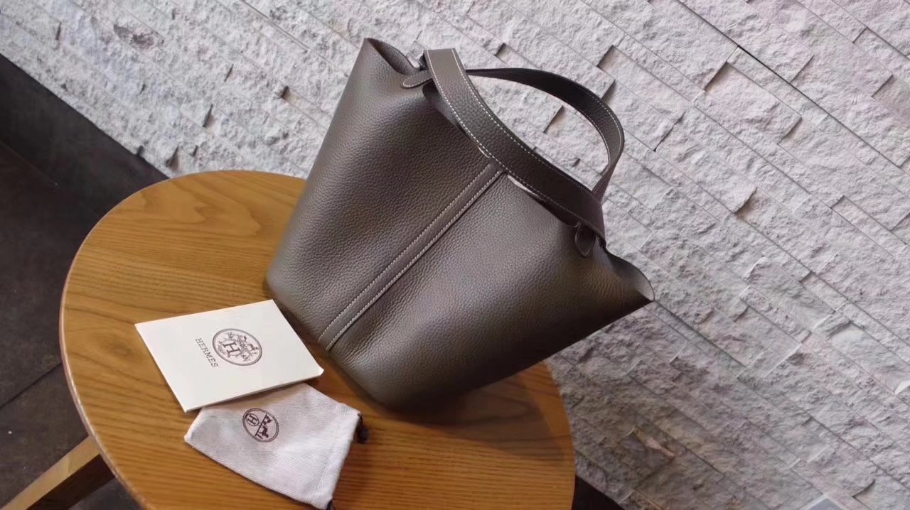 Hermes Picotin Lock Silver Leather Bag Grey