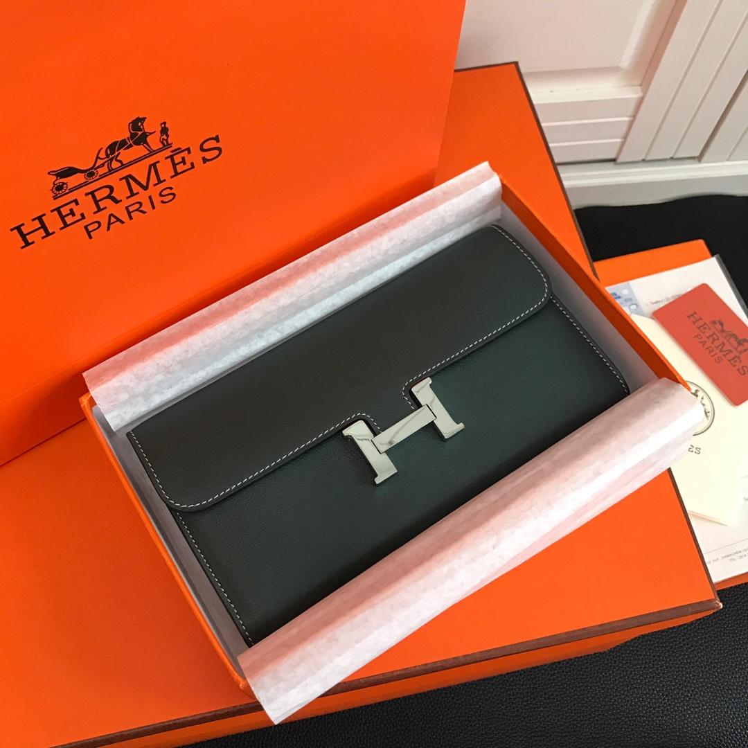 Top Replica HERMES Constance Long Wallet Gris Asphalt Epsom Blue with Silver-Tone Metal