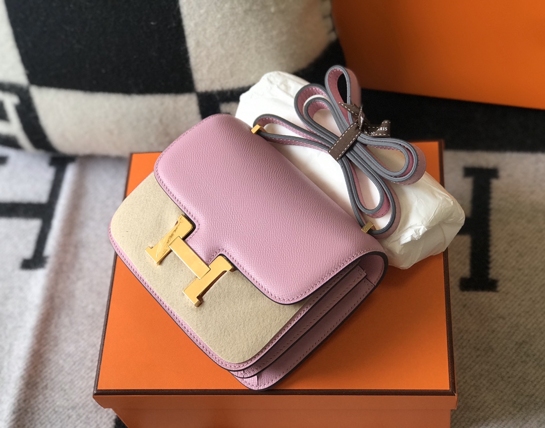 Replica Hermes Constance Bag Epsom Leather Pink Wiht Gold 19cm and 23cm