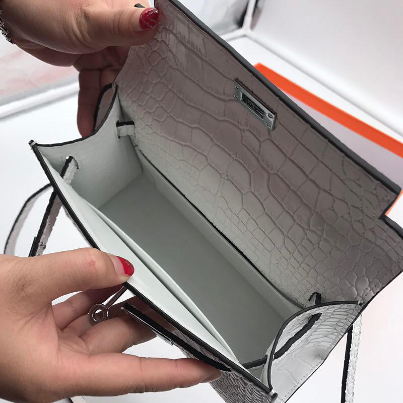 Hermes 22cm Kelly Bag Crocodile Stripe Handbag White With Silver 