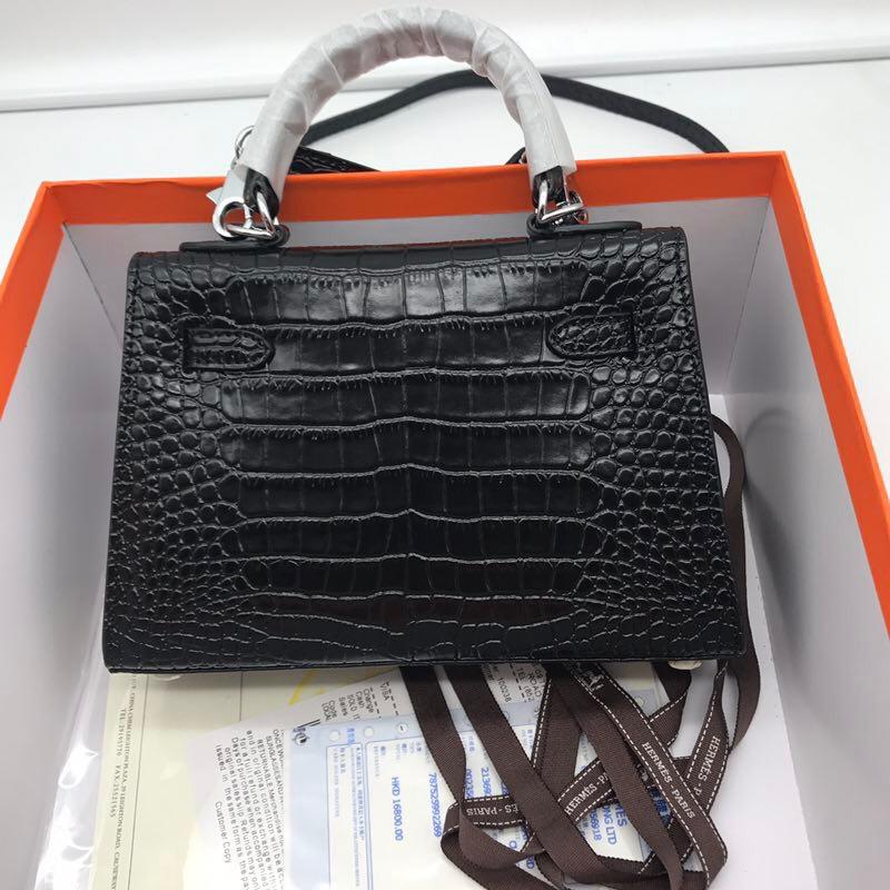 Hermes 22cm Kelly Bag Crocodile Stripe Handbag Black With Silver 