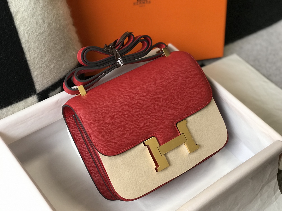 Replica Hermes Constance Bag Epsom Leather Red Wiht Gold 19cm and 23cm