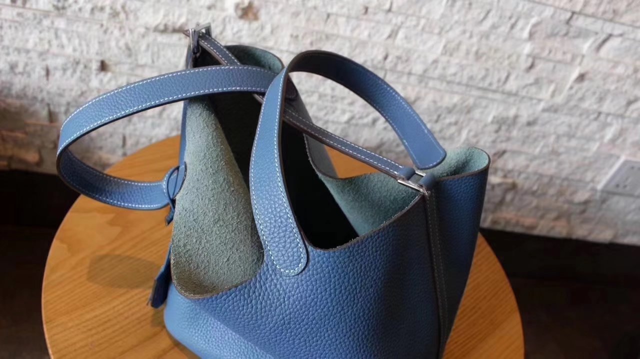 Hermes Picotin Lock Silver Leather Bag Light Blue