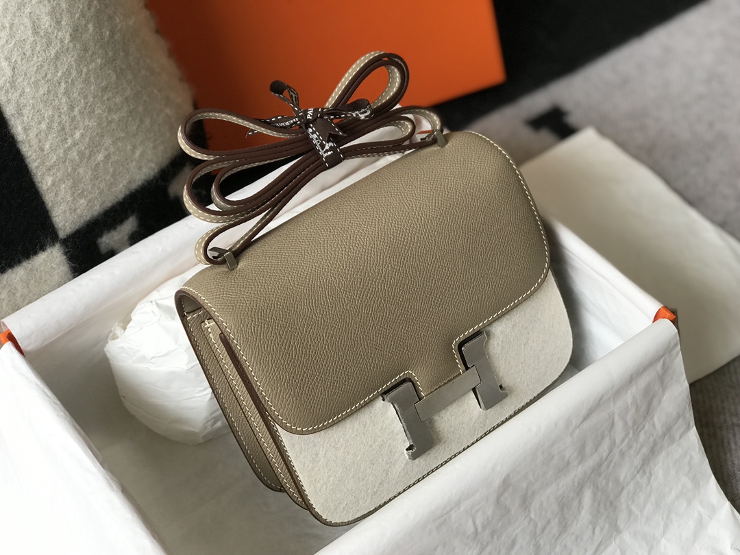 Replica Hermes Constance Bag Epsom Leather Light Gray Wiht White Gold 19cm and 23cm