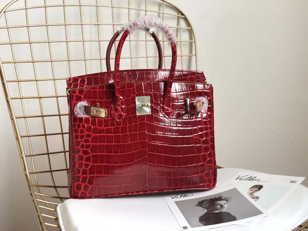 Original Copy Hermes Birkin 30cm 35cm Crocodile Head Stripe Handbags Red With Gold