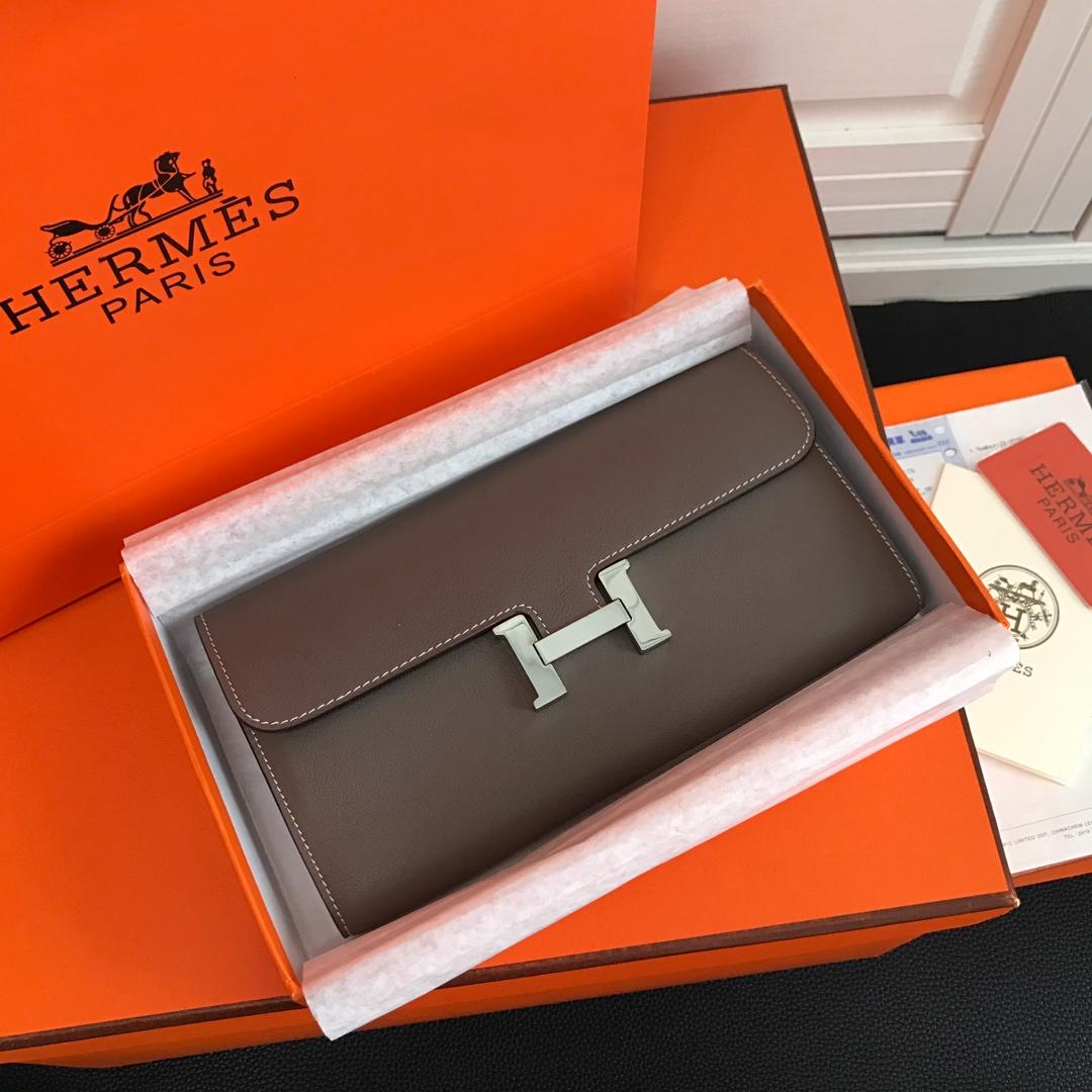 Top Replica HERMES Constance Long Wallet Gris Asphalt Epsom Grey with Silver-Tone Metal