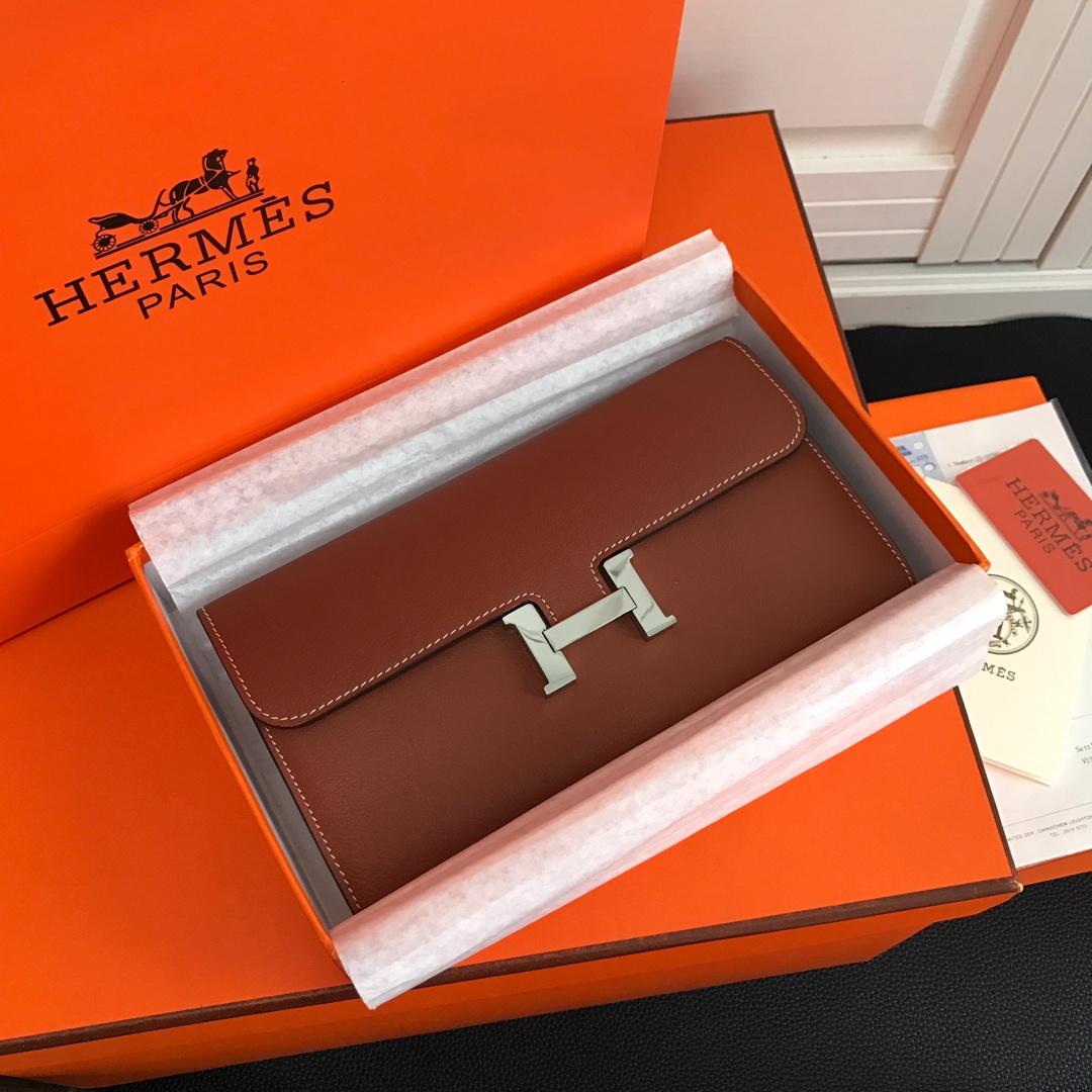 Top Replica HERMES Constance Long Wallet Gris Asphalt Epsom Coffee with Silver-Tone Metal