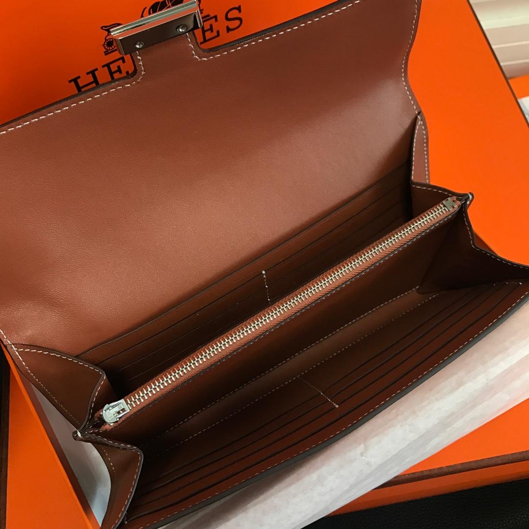 Top Replica HERMES Constance Long Wallet Gris Asphalt Epsom Coffee with Silver-Tone Metal