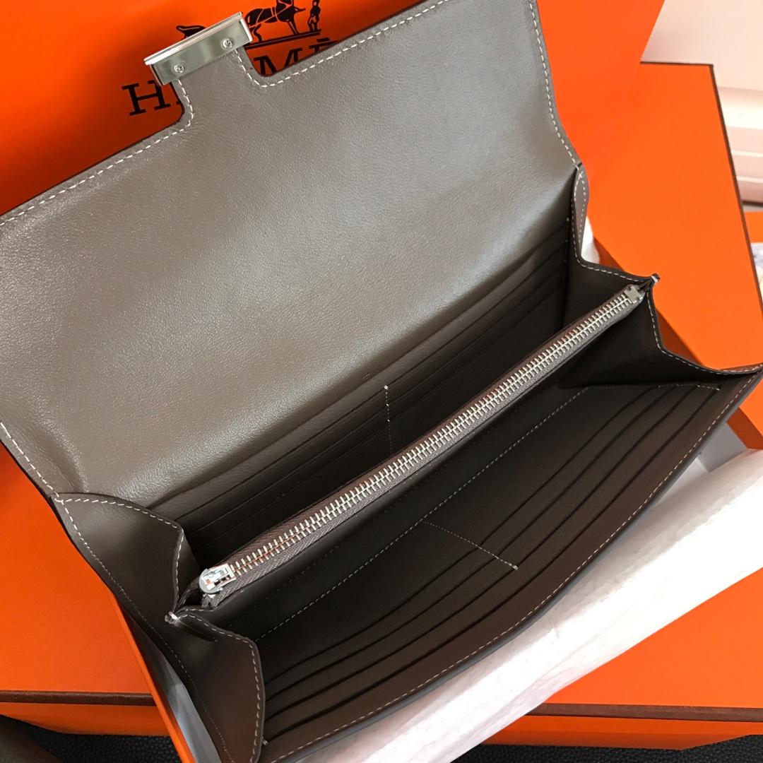 Top Replica HERMES Constance Long Wallet Gris Asphalt Epsom Grey with Silver-Tone Metal