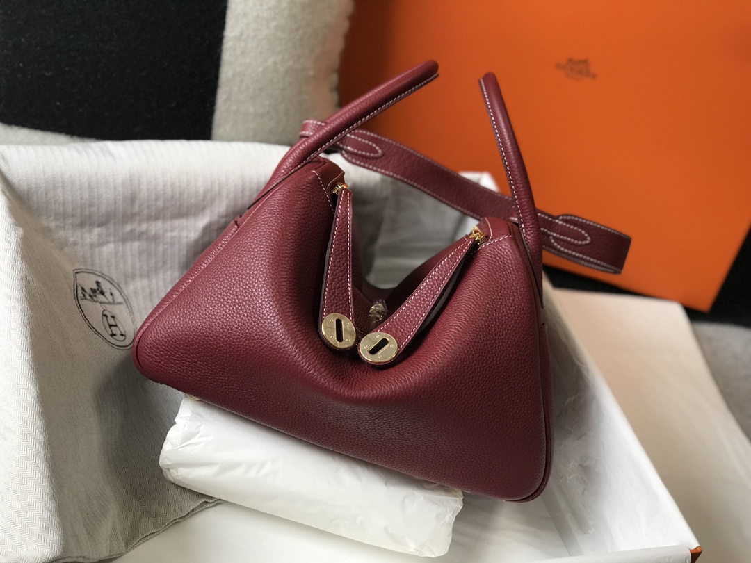 Original Copy Hermes Lindy Handbag Calfskin Red Wine with Gold and Sliver Hardware