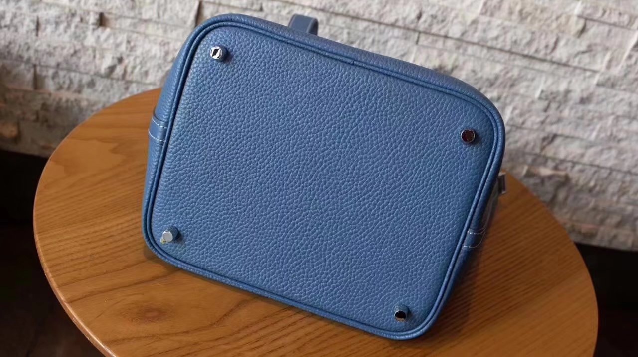 Hermes Picotin Lock Silver Leather Bag Light Blue