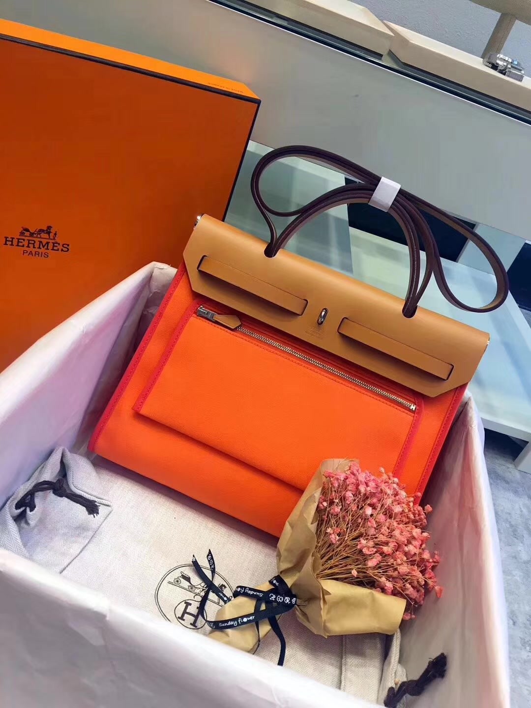 Top Replica Hermes Herbag 31cm Burgundy Canvas Bag Orange and Coffee