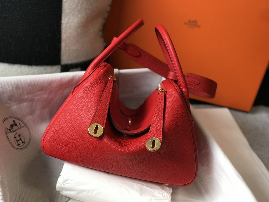 Original Copy Hermes Lindy Handbag Calfskin Red with Gold and Sliver Hardware