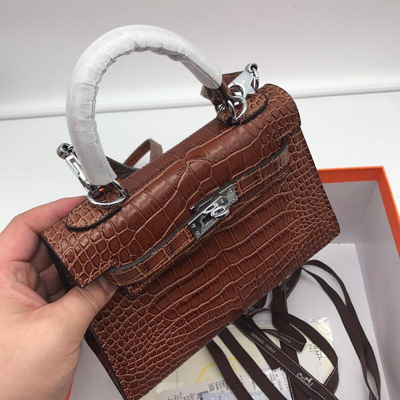Hermes 22cm Kelly Bag Crocodile Stripe Handbag Coffee With Silver