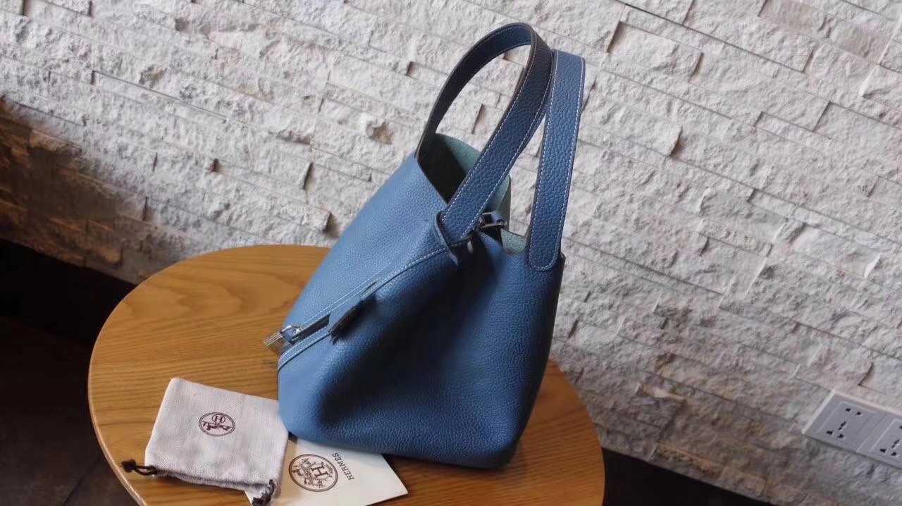Hermes Picotin Lock Silver Leather Bag Light Blue